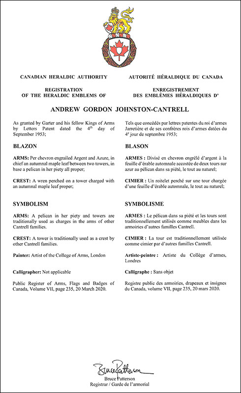 Letters patent registering the heraldic emblems of Andrew Gordon Johnston-Cantrell