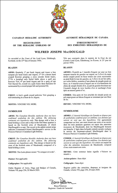 Arms of Wilfred Joseph MacDougald