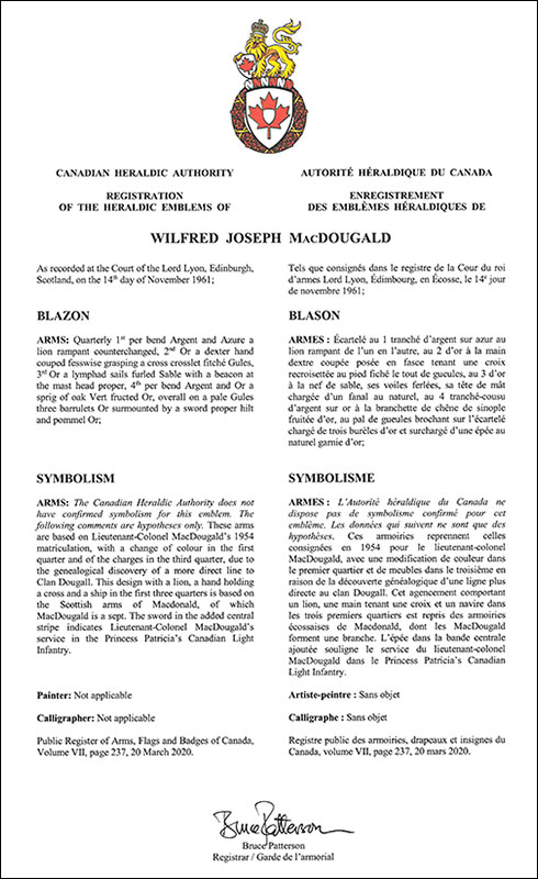 Arms of Wilfred Joseph MacDougald
