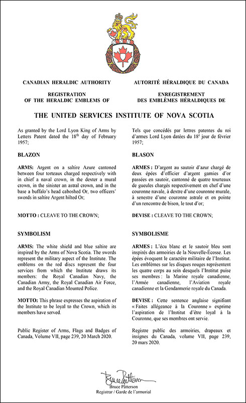 Letters patent registering the heraldic emblems of The United Services Institute of Nova Scotia