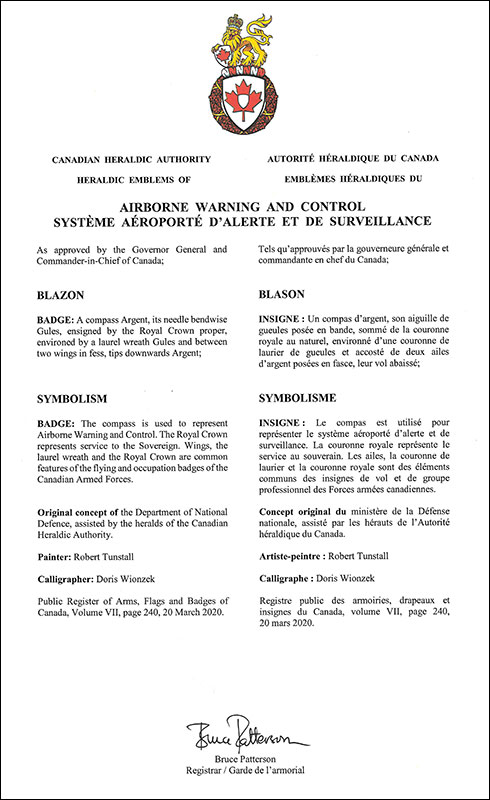 Letters patent approving the heraldic emblems of Airborne Warning and Control of the Canadian Armed Forces