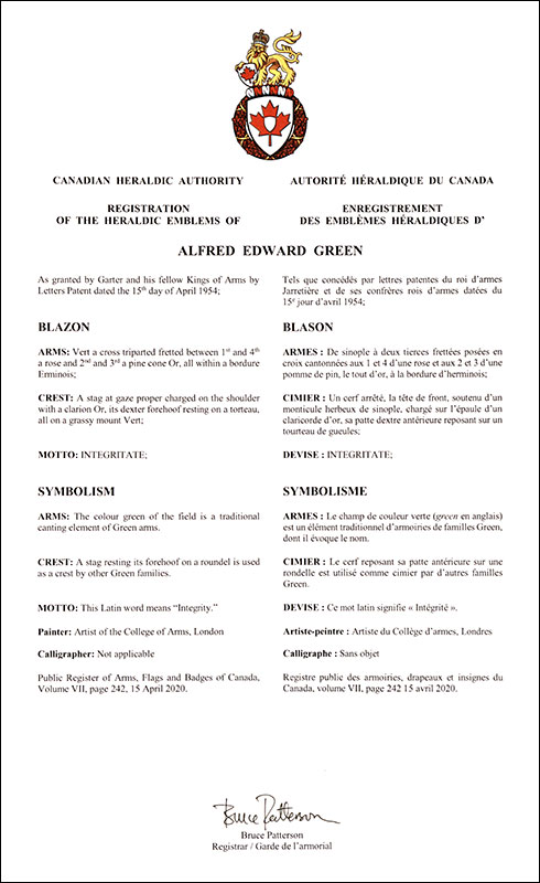 Letters patent registering the heraldic emblems of Alfred Edward Green