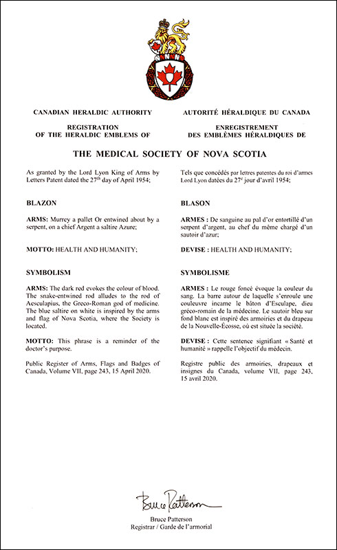 Letters patent registering the heraldic emblems of The Medical Society of Nova Scotia