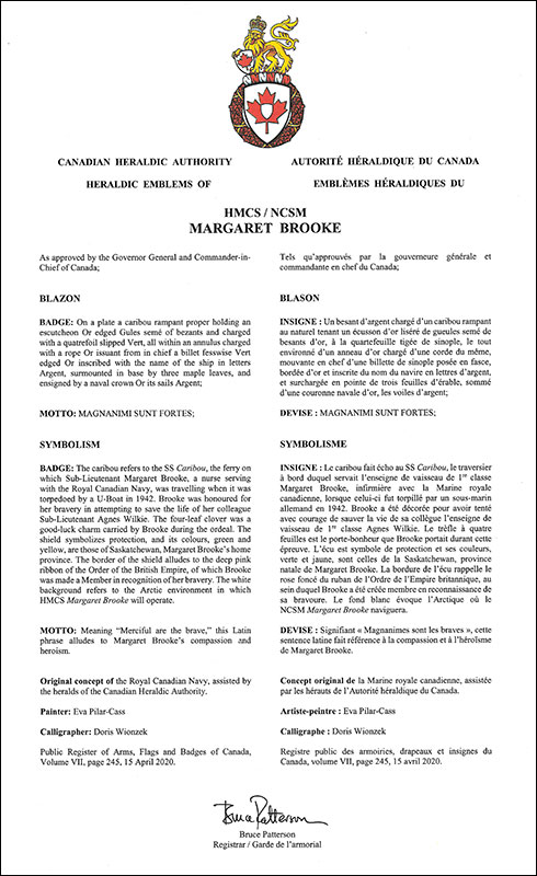Lettres patentes approuvant les emblèmes héraldiques du NCSM Margaret Brooke