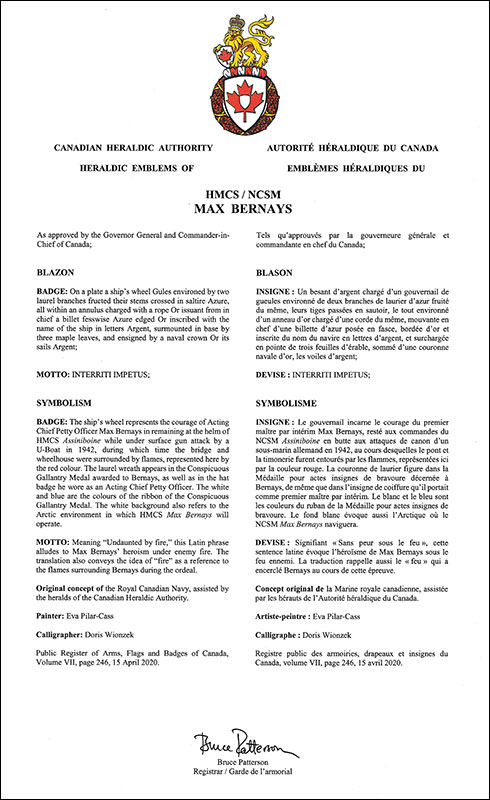 Letters patent approving the heraldic emblems of HMCS Max Bernays