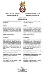 Letters patent approving the heraldic emblems of HMCS Max Bernays