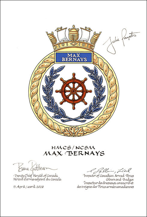 Lettres patentes approuvant  les emblèmes héraldiques du NCSM Max Bernays
