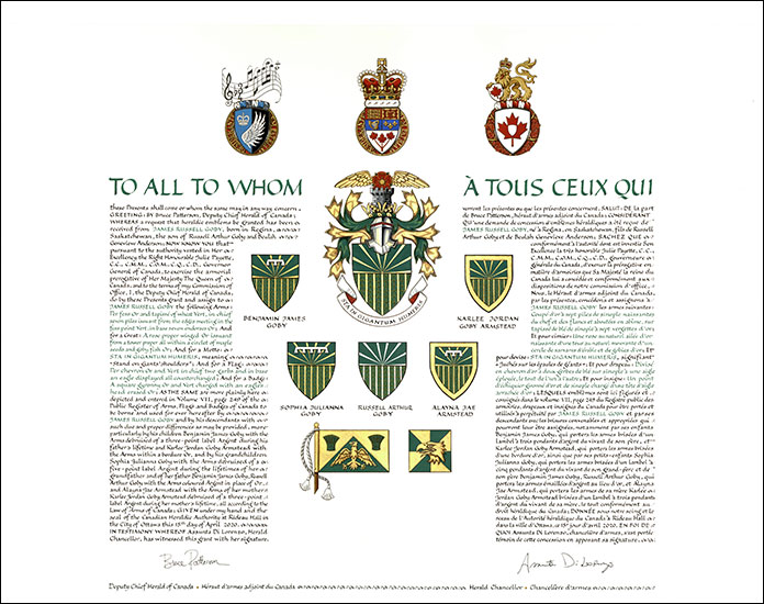 Letters patent granting heraldic emblems to James Russell Goby