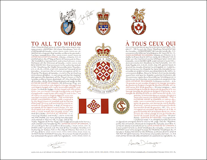 Letters patent granting heraldic emblems to the Supreme Court of Canada Letters patent granting heraldic emblems to the Supreme Court of Canada