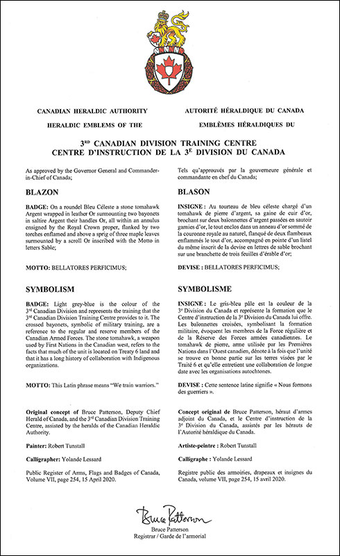 Letters patent approving the heraldic emblems  of the 3rd Canadian Division Training Centre