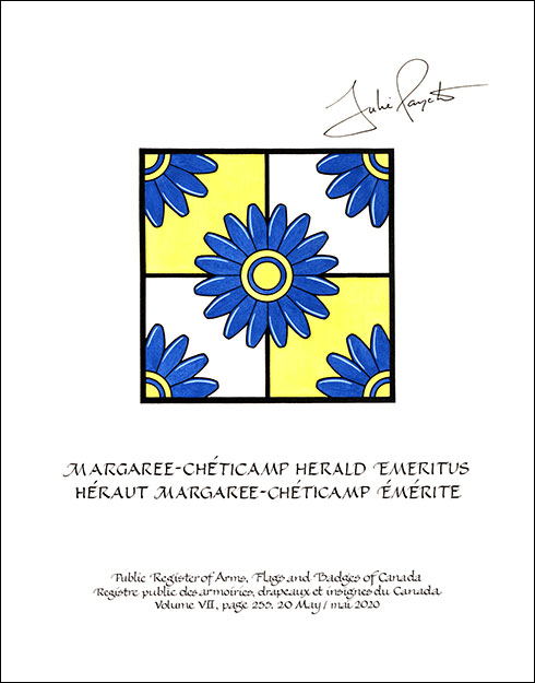 Lettres patentes concédant des emblèmes héraldiques au héraut Margaree-Chéticamp émérite Lettres patentes concédant des emblèmes héraldiques au héraut Margaree-Chéticamp émérite