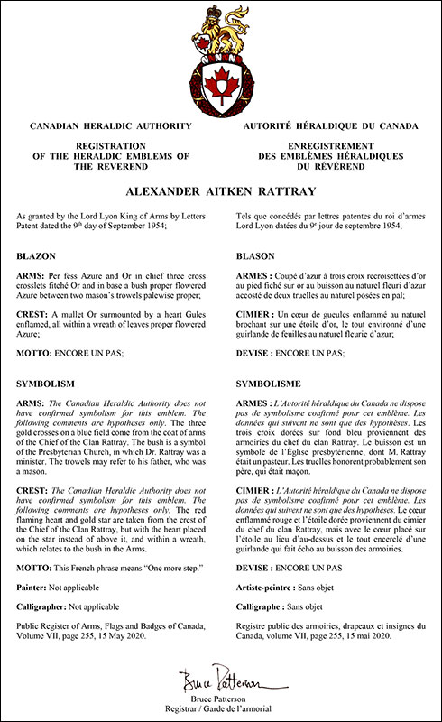 Letters patent registering the heraldic emblems of Alexander Aitken Rattray