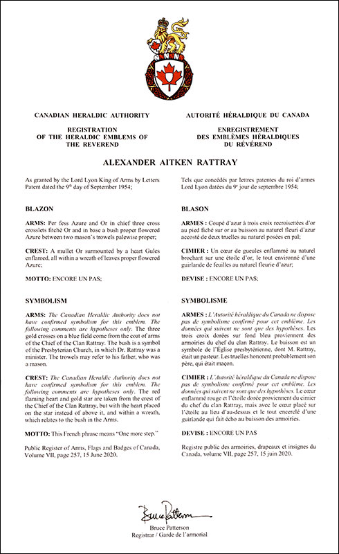 Arms of the Reverend Alexander Aitken Rattray