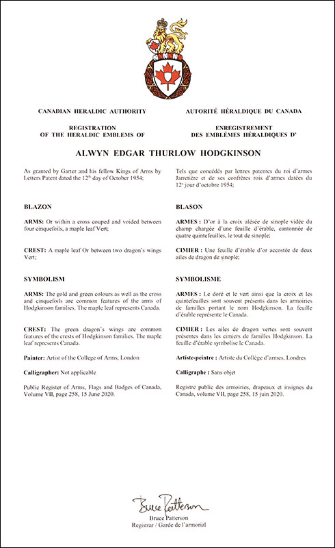 Lettres patentes enregistrant les emblèmes héraldiques d'Alwyn Edgar Thurlow Hodgkinson