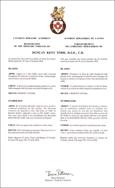 Letters patent registering the heraldic emblems of Duncan Kent Todd