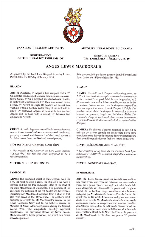 Arms of Angus Lewis Macdonald