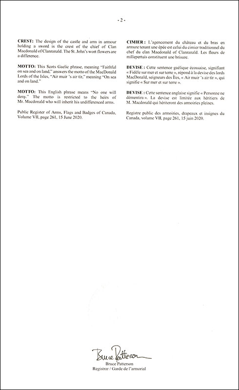 Lettres patentes enregistrant les emblèmes héraldiques d'Angus Lewis Macdonald