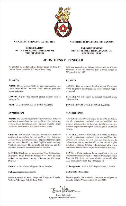 Lettres patentes enregistrant les emblèmes héraldiques de John Henry Penfold