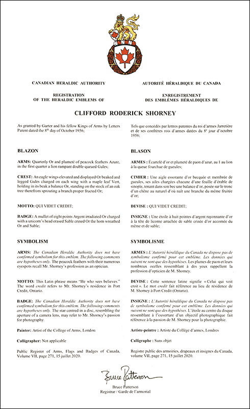Letters patent registering the heraldic emblems of Clifford Roderick Shorney
