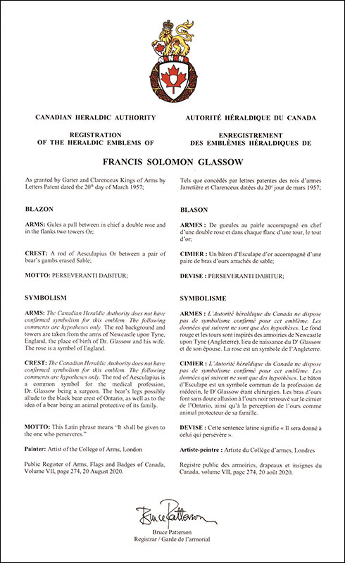 Letters patent registering the heraldic emblems of Francis Solomon Glassow