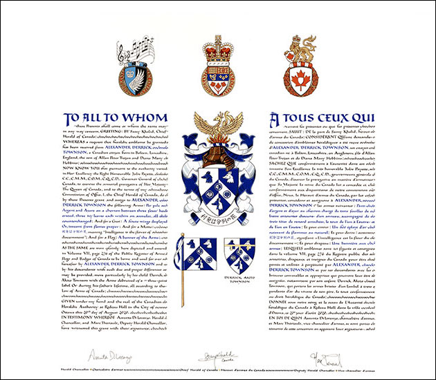 Letters patent granting heraldic emblems to Alexander Derrick Townson