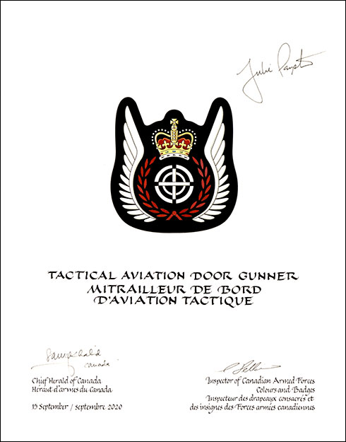 Letters patent approving the heraldic emblems of a Tactical Aviation Door Gunner of the Canadian Armed Forces