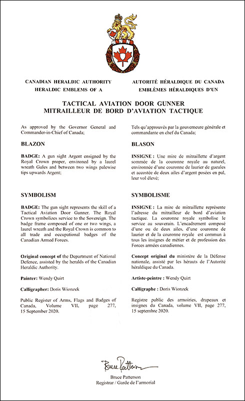 Letters patent approving the heraldic emblems of a Tactical Aviation Door Gunner of the Canadian Armed Forces