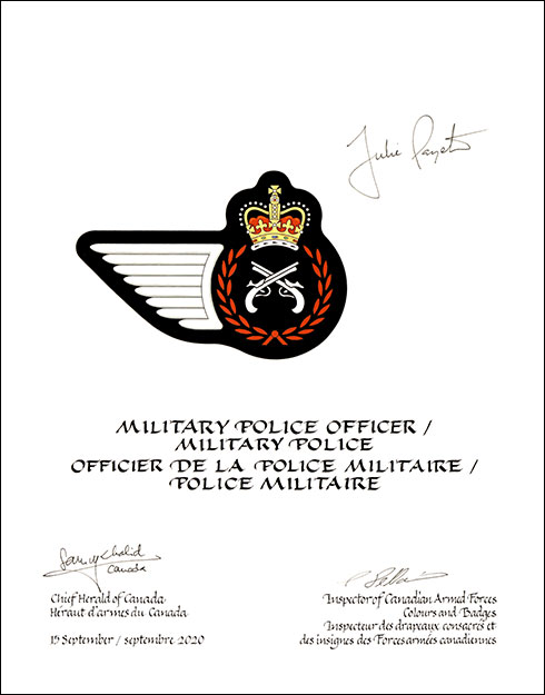Letters patent approving the heraldic emblems of a Military Police Officer / Military Police of the Royal Canadian Air Force Letters patent approving the heraldic emblems of a Military Police Officer / Military Police of the Royal Canadian Air Force