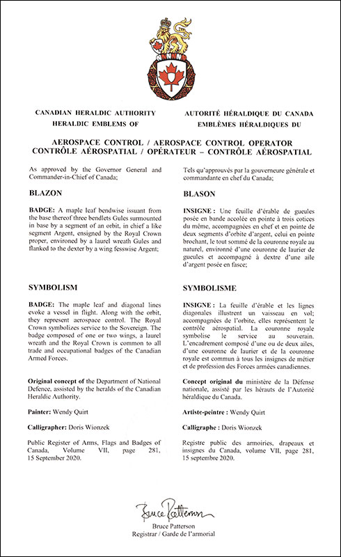 Lettres patentes approuvant les emblèmes héraldiques du contrôle aérospatial / opérateur – contrôle aérospatial de l’Aviation royale canadienne