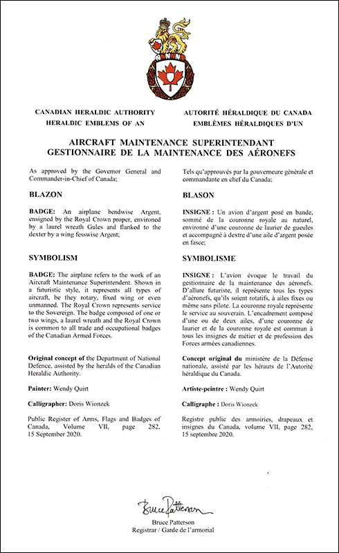 Lettres patentes approuvant les emblèmes héraldiques d'un gestionnaire de la maintenance des aéronefs de l'Aviation royale canadienne