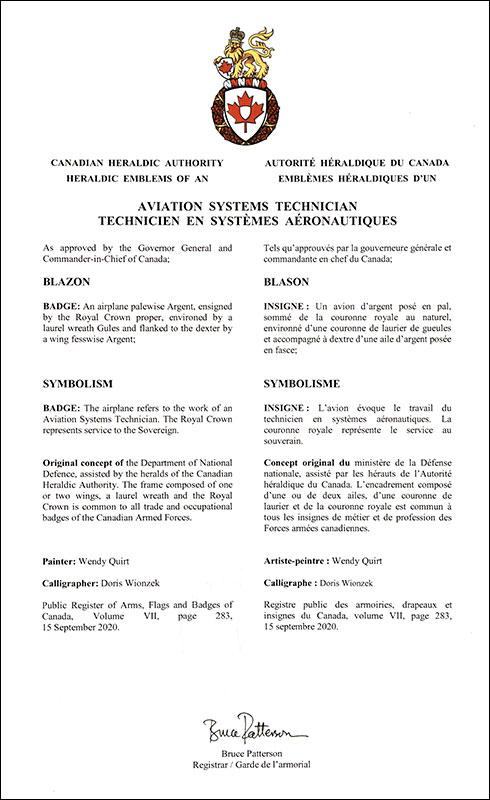 Letters patent approving the heraldic emblems of an Aviation Systems Technician of the Royal Canadian Air Force