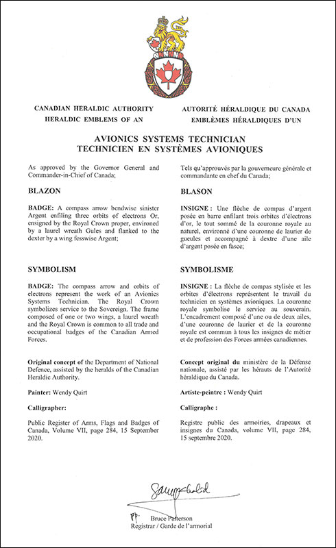Letters patent approving the heraldic emblems of an Avionics Systems Technician of the Royal Canadian Air Force