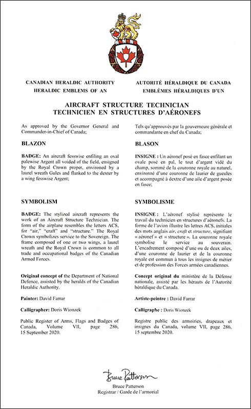 Lettres patentes approuvant les emblèmes héraldiques d'un Technicien en structures d’aéronefs de l’Aviation royale canadienne