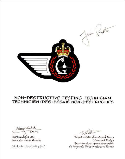 Letters patent approving the heraldic emblems of a Non-Destructive Testing Technician of the Royal Canadian Air Force Letters patent approving the heraldic emblems of a Non-Destructive Testing Technician of the Royal Canadian Air Force