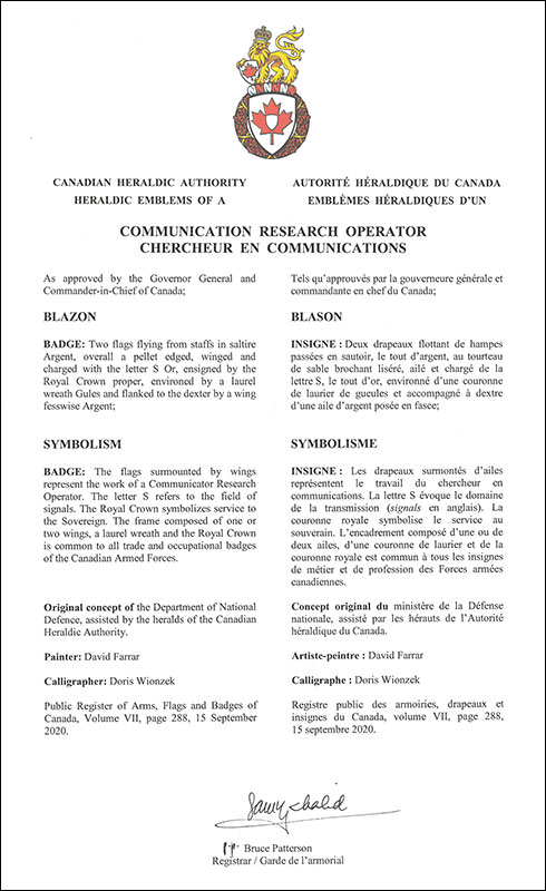 Letters patent approving the heraldic emblems of a Communication Research Operator of the Royal Canadian Air Force Letters patent approving the heraldic emblems of a Communication Research Operator of the Royal Canadian Air Force