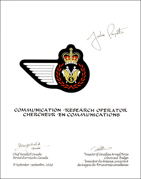 Letters patent approving the heraldic emblems of a Communication Research Operator of the Royal Canadian Air Force Letters patent approving the heraldic emblems of a Communication Research Operator of the Royal Canadian Air Force