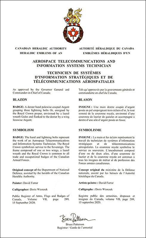 Letters patent approving the heraldic emblems of Aerospace Telecommunications and Information Systems Technician of the Royal Canadian Air Force