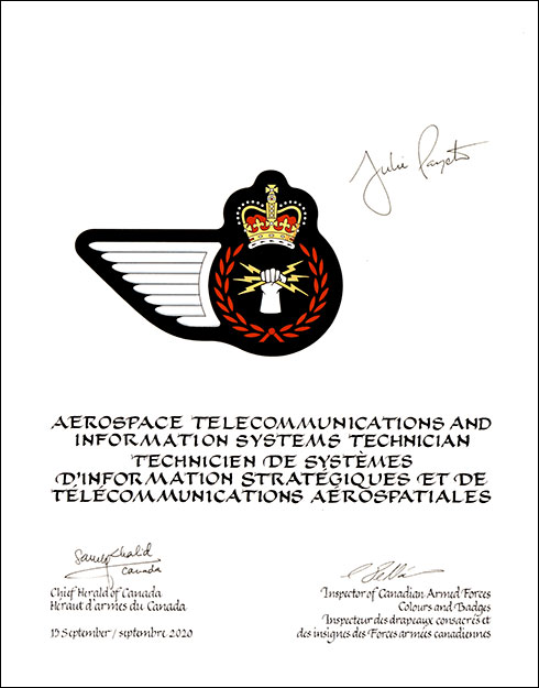 Lettres patentes approuvant les emblèmes héraldiques d'un technicien de systèmes d’information stratégiques et de télécommunications aérospatiales