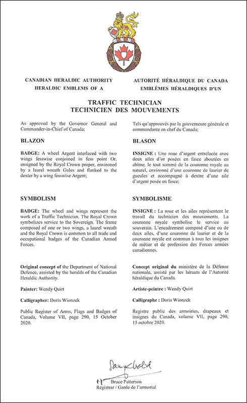 Letters patent approving the heraldic emblems of the Traffic Technician of the Royal Canadian Air Force Letters patent approving the heraldic emblems of the Traffic Technician of the Royal Canadian Air Force