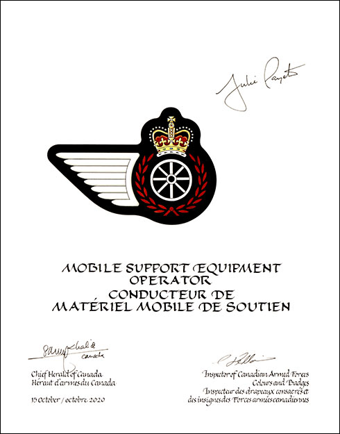 Lettres patentes approuvant les emblèmes héraldiques du Conducteur de matériel mobile de soutien de l’Aviation royale canadienne