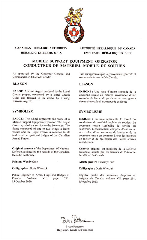 Letters patent approving the heraldic emblems of the Mobile Support Equipment Operator of the Royal Canadian Air Force