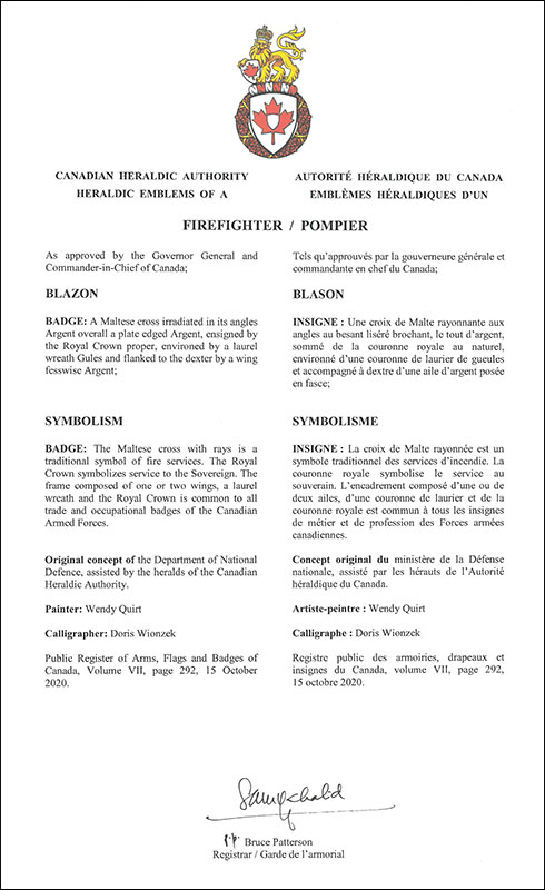 Lettres patentes approuvant les emblèmes héraldiques du Pompier de l’Aviation royale canadienne