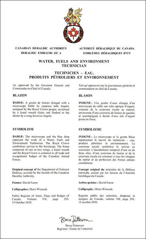 Letters patent approving the heraldic emblems of the Water, Fuels and Environment Technician of the Royal Canadian Air Force