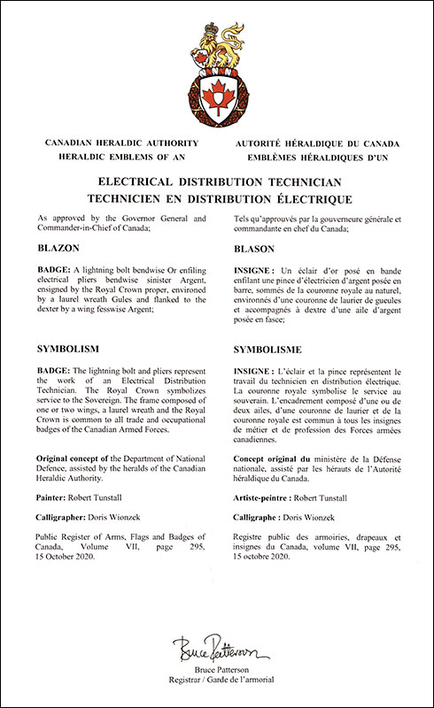 Lettres patentes approuvant les emblèmes héraldiques du Technicien en distribution électrique de l’Aviation royale canadienne Lettres patentes approuvant les emblèmes héraldiques du Technicien en distribution électrique de l’Aviation royale canadienne