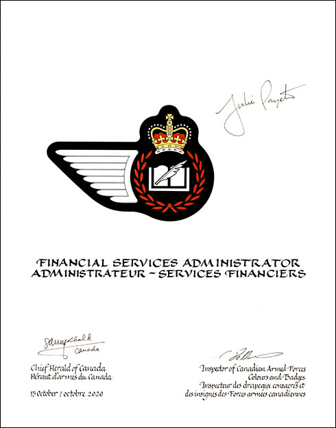 Letters patent approving the heraldic emblems of the Financial Services Administrator of the Royal Canadian Air Force