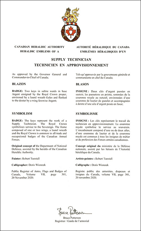 Letters patent approving the heraldic emblems of the Supply Technician of the Royal Canadian Air Force Letters patent approving the heraldic emblems of the Supply Technician of the Royal Canadian Air Force