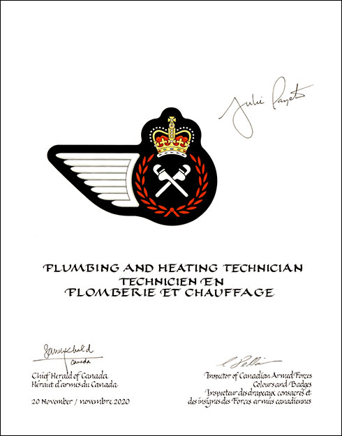 Letters patent approving the heraldic emblems of the Plumbing and Heating Technician of the Royal Canadian Air Force Letters patent approving the heraldic emblems of the Plumbing and Heating Technician of the Royal Canadian Air Force