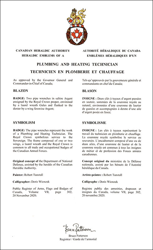 Letters patent approving the heraldic emblems of the Plumbing and Heating Technician of the Royal Canadian Air Force Letters patent approving the heraldic emblems of the Plumbing and Heating Technician of the Royal Canadian Air Force