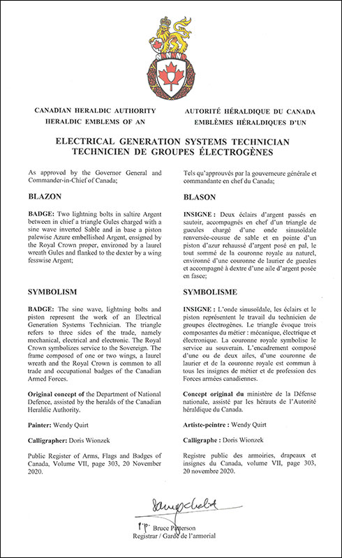 Letters patent approving the heraldic emblems of Electrical Generation Systems Technician of the Royal Canadian Air Force Letters patent approving the heraldic emblems of Electrical Generation Systems Technician of the Royal Canadian Air Force