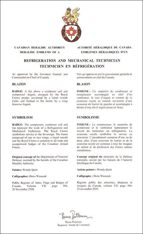 Letters patent approving the heraldic emblems of the Refrigeration and Mechanical Technician of the Royal Canadian Air Force
